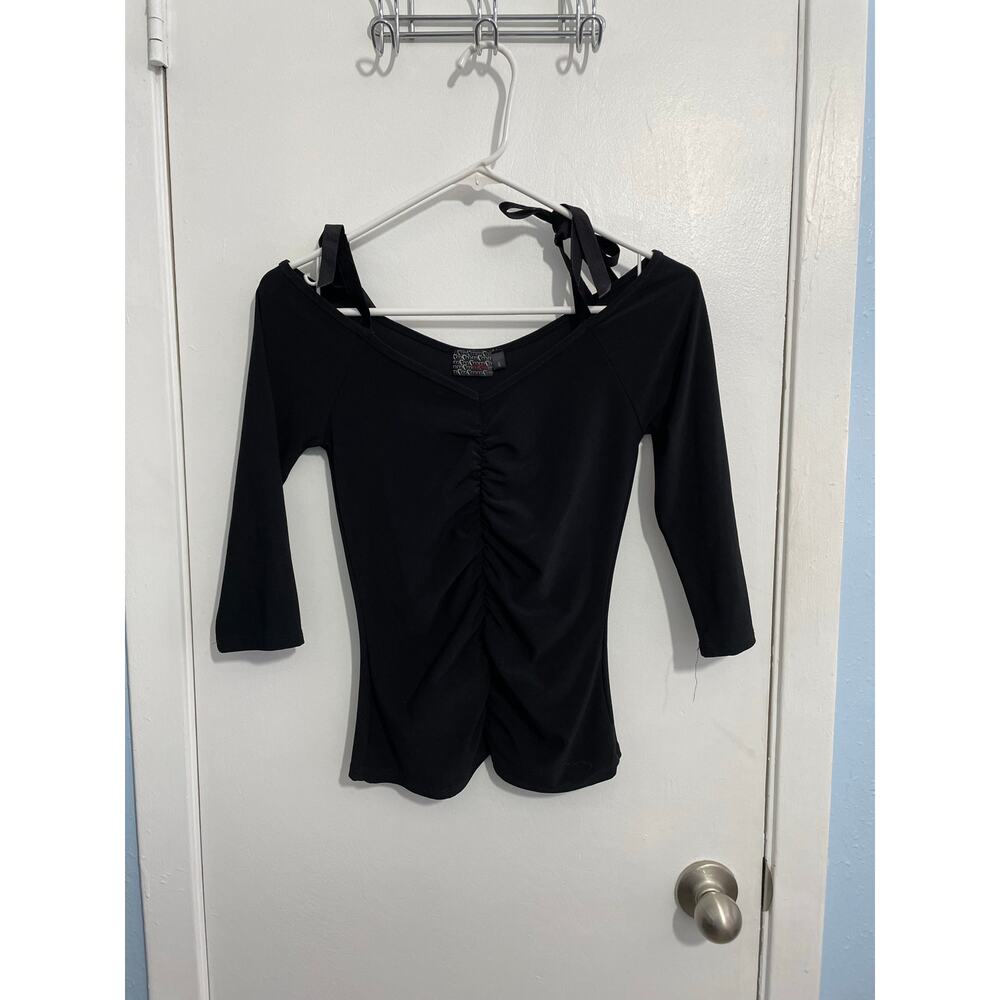 Y2K MMMMMMM Shirt Small Black Off The Shoulders Velvet Ties Cropped Ruched Club